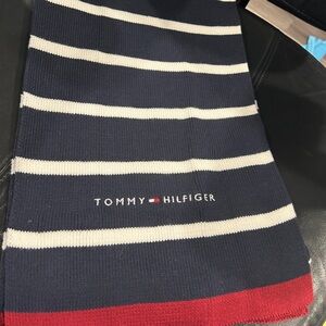Tommy Hilfiger Navy and White Striped Scarf with Red Trim